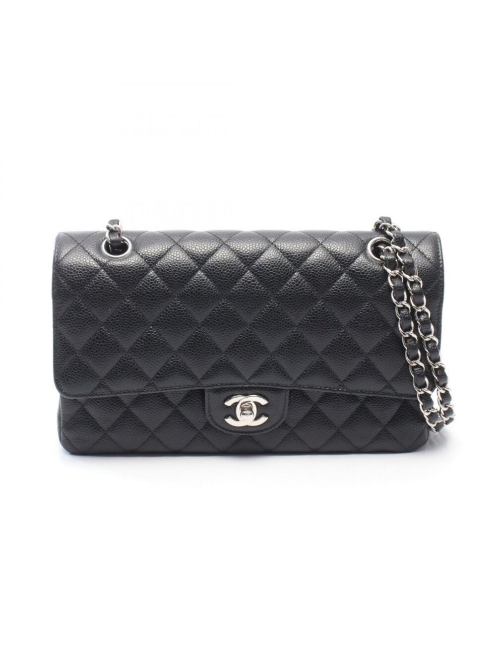 Chanel Shoulder Bag Quilted Double Flap Black Caviar Leather Chain